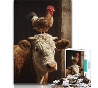 Rompecabezas de 1000 Piezas para Adultos y Adolescentes: Cabeza de Vaca con Gallo Desafío difícil para aliviar el estrés Cada Pieza es única Juego Familiar desafiante y Divertido 38x26cm