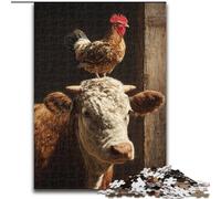 Rompecabezas de 1000 Piezas para Adultos y Adolescentes Cabeza de Vaca con Gallo, Juego Familiar, decoración única para el hogar y Regalos para Mayores de 14 años 26x38cm