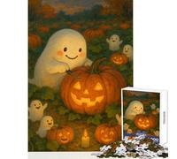 Rompecabezas de 1000 Piezas para Adultos y Adolescentes diseño de Calabaza Tallada con Fantasmas Ideal para Decorar el hogar Obras de Arte Regalos Juegos Divertidos Mejora el Amor en Pareja 38x26cm