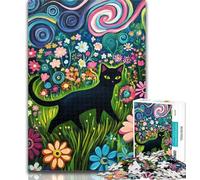 Rompecabezas de 1000 Piezas para Adultos y Adolescentes, diseño de Gato Negro Caminando Entre Flores, Juguete Educativo, Divertidos Juegos Familiares, decoración única para el hogar, 26x38cm