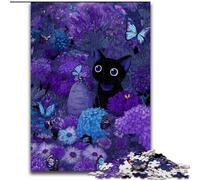Rompecabezas de 1000 Piezas para Adultos y Adolescentes, diseño de Gato Negro Lavanda Juego Educativo para Decorar el hogar Toda la Familia (tamaño 26x38cm)
