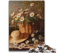 Rompecabezas de 1000 Piezas para Adultos y Adolescentes, diseño de Sombrero y Cesta de Flores, Juego Familiar, antiestrés, desafío difícil, colección de Artistas, Bellas Artes, 26x38cm