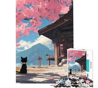 Rompecabezas de 1000 Piezas para Adultos y Adolescentes Gato Negro en un Santuario japonés Rompecabezas para Adultos y Familia Difícil (tamaño 38x26cm)