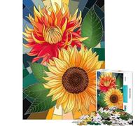 Rompecabezas de 1000 Piezas para Adultos y Adolescentes Girasol Vibrante y Dalia en vidriera Rompecabezas para Adolescentes Juegos relajantes decoración del hogar interacción Entre (38x26cm)