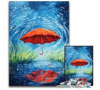 Rompecabezas de 1000 Piezas para Adultos y Adolescentes,Paraguas Rojo en un día lluvioso,Rompecabezas de Madera,Juegos educativos,con póster a Juego y Hoja de Trivia para Mayores de 14 años,50x75cm