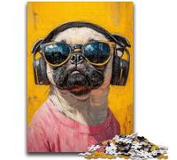 Rompecabezas de 1000 Piezas para Adultos y Adolescentes: Pug Escuchando música, Arte al carbón, para Pasar el rato en casa, decoración del hogar, 26x38cm