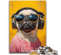 Rompecabezas de 1000 Piezas para Adultos y Adolescentes Pug Escuchando música Juegos educativos Juguetes de Bricolaje Toda la Familia 50x75cm