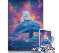 Rompecabezas de 1000 Piezas para Adultos y Adolescentes Rompecabezas de Gato sobre delfín para Adolescentes con póster a Juego y Hoja de Trivia para Mayores de 14 años 75x50cm