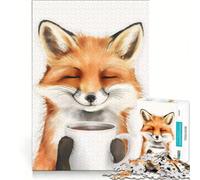 Rompecabezas de 1000 Piezas para Adultos Zorro con café Pintado con Acuarelas Juego Familiar Decoración para el hogar Ideal para Decorar el Escritorio 38x52cm