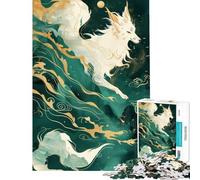 Rompecabezas de 1000 Piezas para Adultos Zorro Kitsune Blanco en Niebla Verde Juego de Rompecabezas Familiar para Adultos Regalo de cumpleaños cumpleaños y Navidad (tamaño 38x26cm)