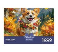 Rompecabezas de 1000 Piezas para Hombres y Mujeres de Perro Bonito - Corgi con Guirnalda Floral, Actividad Familiar, Educativo y Reto 70x50cm