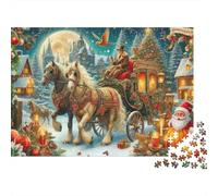 Rompecabezas de 1000 Piezas Paseo en carruaje navideño con Caballos y Nieve en una Noche. Juego Educativo para Adultos. Decoración del hogar. Difícil y desafiante. 52 x 38 cm.