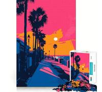 Rompecabezas de 1000 Piezas Paseo marítimo al Atardecer en California,Arte Minimalista Retro,Juego de Bordes, Juego cognitivo,Juego Lento,Divertido,decoración navideña (38x26cm)
