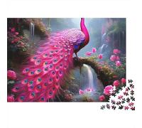 Rompecabezas de 1000 Piezas Pavo Real Rosa Fantasía con diseño de Pavo Real Rosa Junto a una Cascada. Juegos educativos para Adultos. Hermosa decoración. Difícil. 52 x 38 cm
