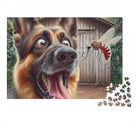 Rompecabezas de 1000 Piezas: Perro asustado Frente a un Mosquito. Pastor alemán Emocionado. Juego Educativo para Adultos. Hermosa decoración. dificultad. 52 x 38 cm
