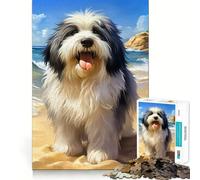 Rompecabezas de 1000 Piezas Perro Pastor inglés Antiguo en la Playa para Adolescentes Juego Inteligente de Rompecabezas Tiempo de Aprendizaje Imagen para armar Un Regalo Encantador (50x75cm)