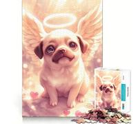 Rompecabezas de 1000 Piezas Perro Pug ángel con Aureola y alas Juego Mental Divertido Diseño de Ajuste Huecos Regalo Ideal para reuniones Familiares (38x26cm)