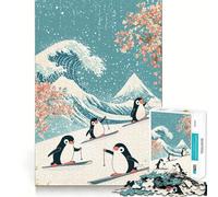 Rompecabezas de 1000 Piezas Pingüinos esquiando en Japón para Adolescentes Juguete de lógica con Forma de Tren para aliviar el estrés Corte Suave Regalo Memorable (38x52cm)