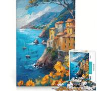 Rompecabezas de 1000 Piezas: Pintura de un Pueblo costero con Flores, Juego Familiar, Montaje de Patrones, con Piezas de Formas aleatorias Que encajan Perfectamente 38x52cm