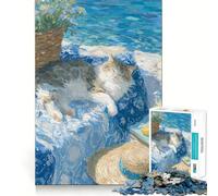 Rompecabezas de 1000 Piezas Pintura Siesta de Gato Junto al mar,Pieza de Corte Limpio,Juguete Que desafía la Mente,Momento de Calma,Divertido,Pieza de Arte navideña (50x75cm)