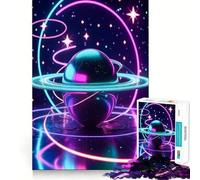 Rompecabezas de 1000 Piezas Planeta de neón con Anillos y Estrellas para Adultos Fortalece la Memoria, relájate y Disfruta del Momento Regalo de cumpleaños (50x75cm)
