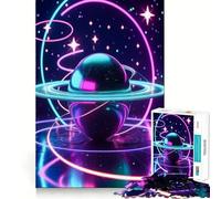 Rompecabezas de 1000 Piezas Planeta de neón con Anillos y Estrellas para Adultos Juego Inteligente, Divertido y Relajante Diseño para armar Regalo Elegante (38x26cm)