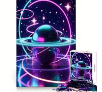 Rompecabezas de 1000 Piezas Planeta de neón con Anillos y Estrellas para Adultos Juego Inteligente, Divertido y Relajante Diseño para armar Regalo Elegante (38x26cm)