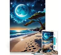 Rompecabezas de 1000 Piezas Playa Nocturna con Luna Llena para Adultos Juguete para ejercitar la Mente Fácil de armar Regalo de Temporada (50x75cm)