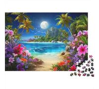Rompecabezas de 1000 Piezas Playa Tropical a la Luz de la Luna con Vista a una Isla y Playa iluminada por la Luna. Juego Educativo para Adultos. Hermoso desafío Decorativo. 38 x 26 cm