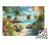 Rompecabezas de 1000 Piezas Playa Tropical: Cabaña, Playa, Sendero de Flores para Adultos, Juego Educativo, decoración del hogar, desafío difícil, Regalo de cumpleaños, 38x26cm/1000 Piezas