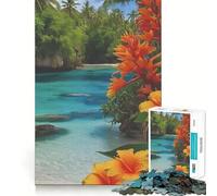 Rompecabezas de 1000 Piezas Playa Tropical con Flores Naranjas, Bordes definidos, decoración ingeniosa, Juego cognitivo, Juguete fácil de Usar, Divertido, Ocio (50x75cm)