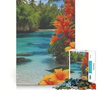 Rompecabezas de 1000 Piezas Playa Tropical con Flores Naranjas Diseño artístico de Corte nítido Juego de lógica y Pensamiento Ideal para Relajarse y divertirse en cumpleaños (38x52cm)