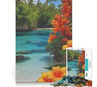 Rompecabezas de 1000 Piezas Playa Tropical con Flores Naranjas Juguete de Arte Que desafía la Mente Juego Divertido para el Tiempo Libre Regalo Ideal para cumpleaños (38x26cm)
