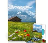Rompecabezas de 1000 Piezas Prado Alpino con cabaña y montañas - Diversión con Memoria - Superficie Lisa y sin Rebabas - Un desafío entretenido para el Tiempo Libre (50x75cm)