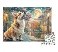 Rompecabezas de 1000 Piezas Pueblo a la Luz de la Luna para Adultos Corgi Calle Crepúsculo Iluminado por la Luna Premium Grueso Desafiante Alivio Estrés Regalo Familiar 38x26cm/1000pz