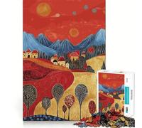Rompecabezas de 1000 Piezas Pueblo bajo Cielo Rojo para Adultos Juego de Memoria Divertido Componentes Resistentes y de Corte Limpio aliviar el estrés (50x75cm)