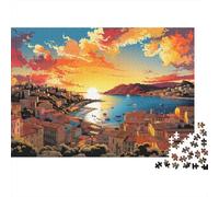 Rompecabezas de 1000 Piezas Pueblo costero al Atardecer con Vista al Lago y la montaña. para Adultos Mayores de 12 años. Juego Educativo para la decoración del hogar.Regalo de cumpleaños.52 x 38 cm