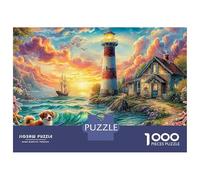 Rompecabezas de 1000 Piezas Pueblo costero Colorido al Atardecer, Faro Junto al mar, para Adultos, Juego Educativo, decoración del hogar, Regalo de difícil y desafiante, 52 x 38 cm, 1000 Piezas