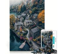 Rompecabezas de 1000 Piezas Pueblo de Piedra Junto al Lago para Adolescentes Mejora la Memoria Tiempo Libre Diseño de Corte sólido Artículo de Papá Noel 38x52cm