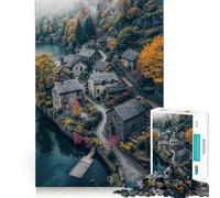 Rompecabezas de 1000 Piezas Pueblo de Piedra Junto al Lago para Adolescentes Recuerda, Mejora, Mente Tranquila, Arte de Corte Claro, Coleccionable 38x26cm