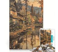 Rompecabezas de 1000 Piezas Pueblo japonés Junto al río en otoño, decoración de Pared, Actividades Divertidas para el hogar, colección de Artistas, Bellas Artes 38x52cm