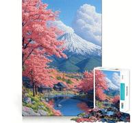 Rompecabezas de 1000 Piezas Pueblo japonés Sereno con cerezos en Flor y el Monte Fuji para Adolescentes Juguete Intelectual para Disfrutar en Familia Corte de Calidad (38x52cm)