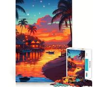 Rompecabezas de 1000 Piezas Pueblo Tropical al Atardecer, Corte preciso, Divertido desafío Mental, Juguete, Juego para la Hora de Descanso, Juego de cumpleaños, Arte, Juego (38x52cm)