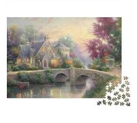 Rompecabezas de 1000 Piezas Puente de Piedra Acogedor con Puente de cabaña, Pueblo al Atardecer. Juegos educativos para Adultos. Hermoso desafío Decorativo. Alta dificultad. 52 x 38 cm