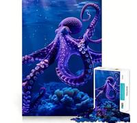 Rompecabezas de 1000 Piezas Pulpo Morado en el mar Azul Profundo para Adultos, Juguete para ejercitar la Mente, Alivio del estrés, decoración de Pared con Bordes definidos (38x26cm)