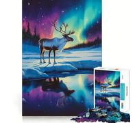 Rompecabezas de 1000 Piezas Renos bajo la Aurora Boreal para Adolescentes, Pure Logic Toy, Gentle Relax Clean Cut Fine Art Piece (38x26cm)