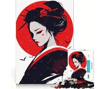 Rompecabezas de 1000 Piezas Retrato de Geisha Japonesa con Sol Rojo,ilustración Minimalista,Juego de ensamblaje Limpio,Juego Inteligente,Regalo para Relajarse,decoración navideña (38x26cm)
