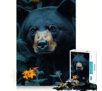 Rompecabezas de 1000 Piezas Retrato de Oso Negro en un Entorno Floral Decoración de Ajuste Limpio Actividad para la Mente Inteligente Tiempo de Juego Acogedor Regalo Divertido de Navidad (38x26cm)