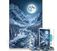Rompecabezas de 1000 Piezas Río de montaña Invernal bajo la Luna Llena Juego de Habilidad Mental Ajuste Estable Sin Piezas Que se muevan Un pasatiempo Agradable para Fines de Semana Largos (50x75cm)