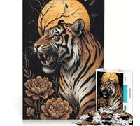 Rompecabezas de 1000 Piezas Rugido de Tigre con Flores y Luna Juguetes para armar Actividades Familiares con Piezas de Formas aleatorias Que encajan Perfectamente 38x52cm